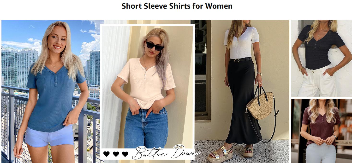 MEROKEETY Women's Summer Short Sleeve V Neck T Shirts Casual Ribbed Button Henley Knit Tops Blouse