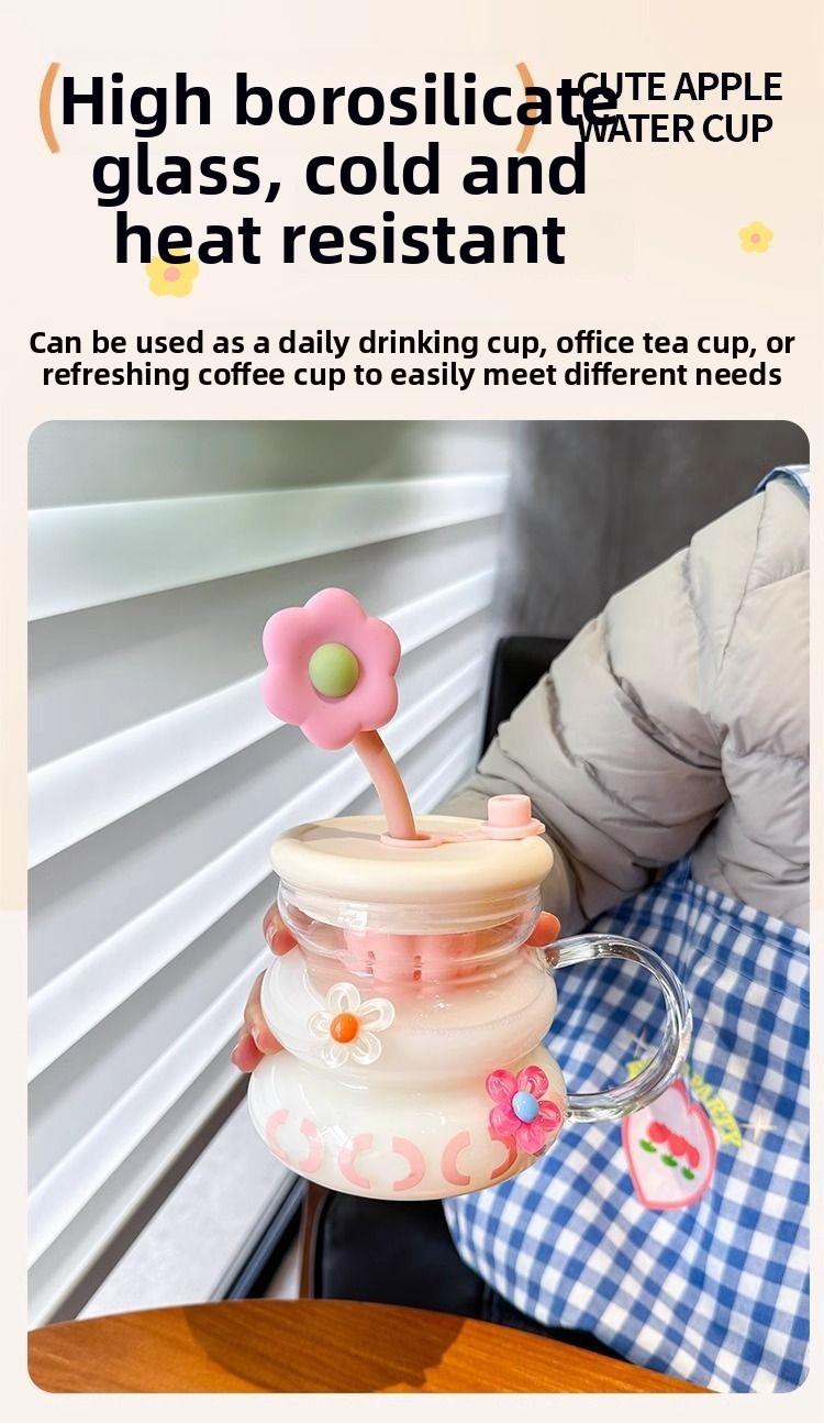 Cute Flower Glass Mug Cup with Flower Straw, Supports Straw Drinking and Direct Drinking, Meets Different Drinking Needs, Perfect for Everyday Use, Drinkware