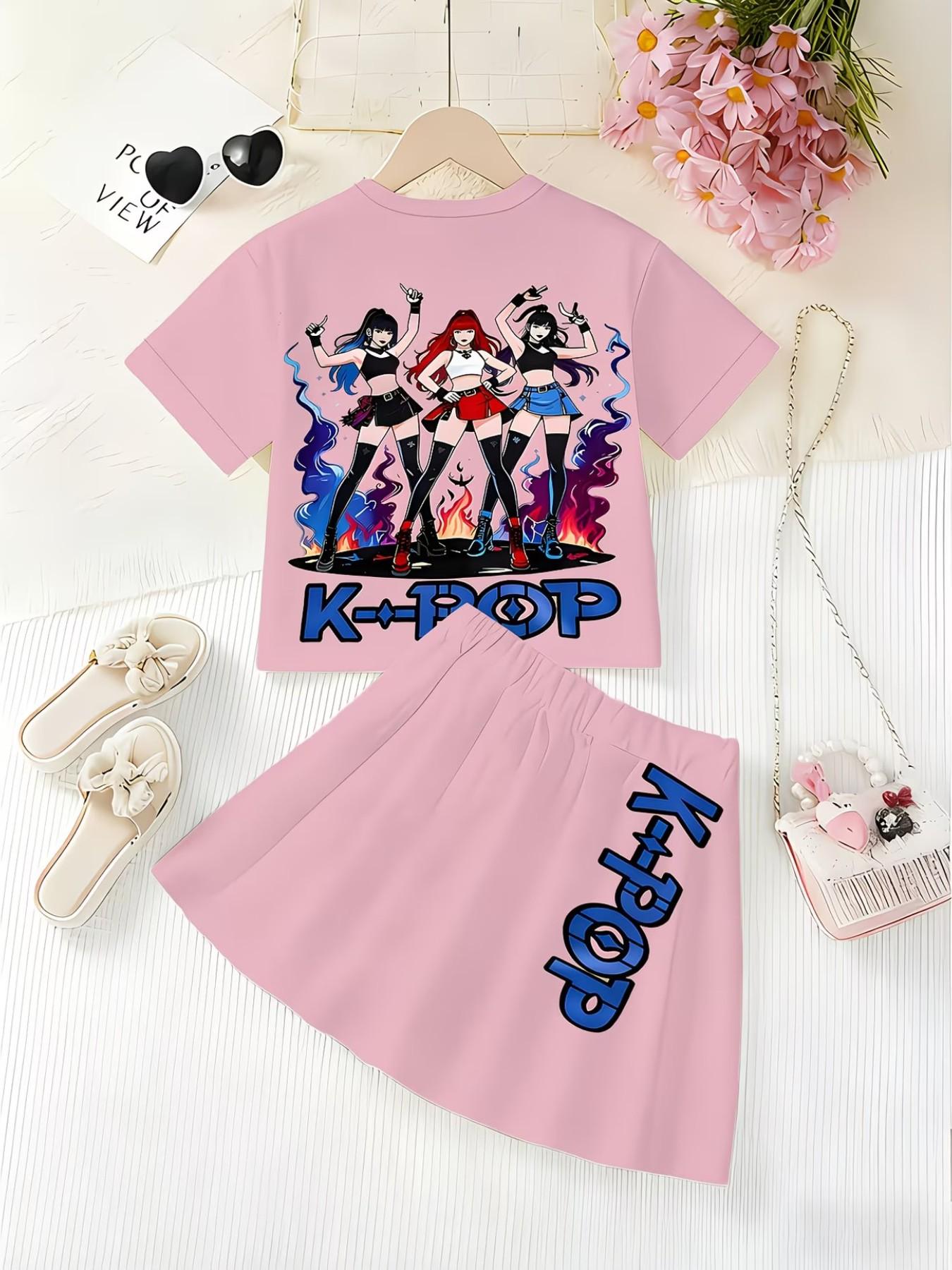 Girls' 3D Cartoon Print Top and Skirt Set, Summer Casual, Round Neck Short Sleeve, Two-Piece Suit, Daily Wear