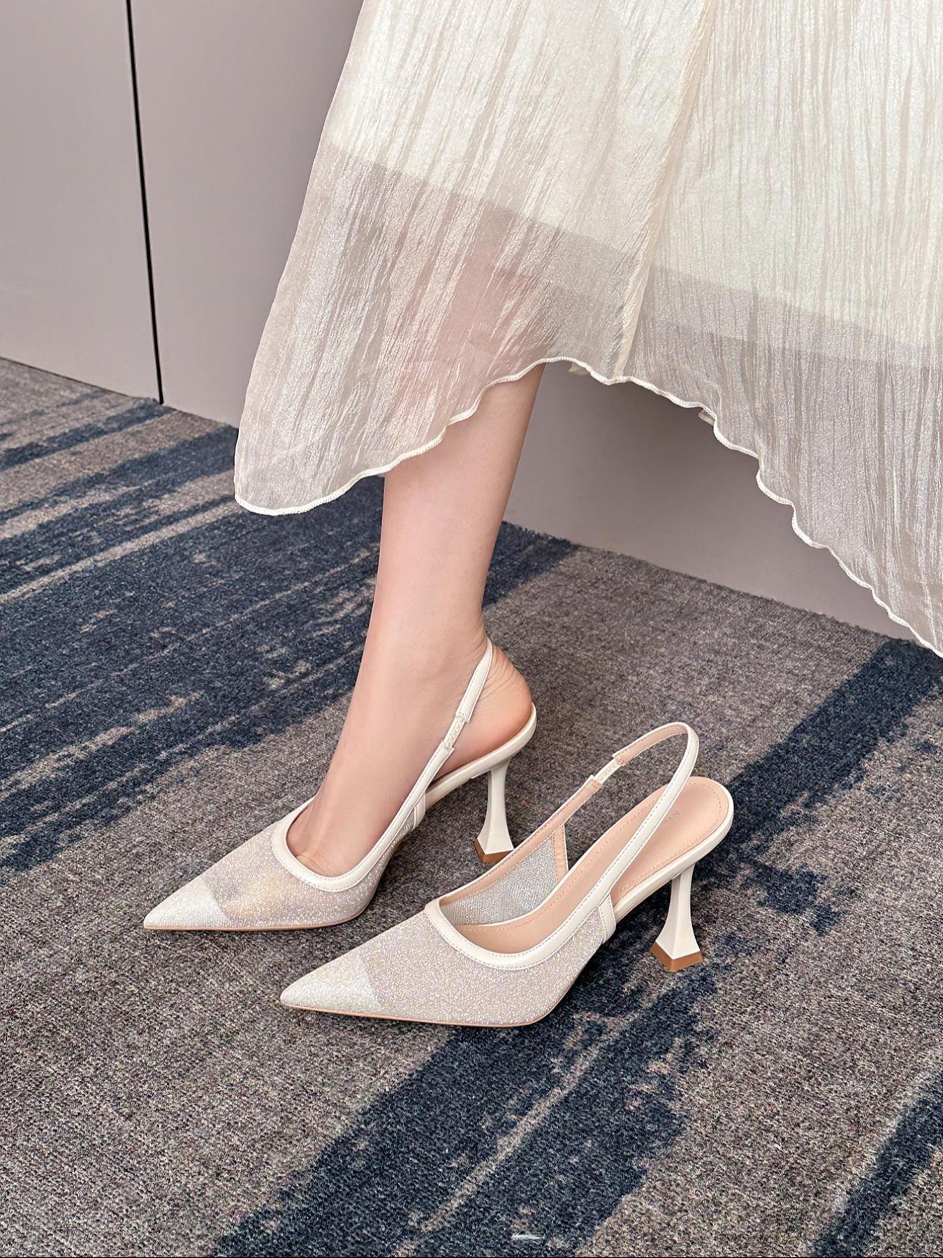 Women's Solid Color Pointed Toe High Heel Shoes, Ankle Strap Heels, Elegant Fashionable Heels for Party, Daily Clothing Decor, Back Empty Versatile Shoes for Women, Footwear