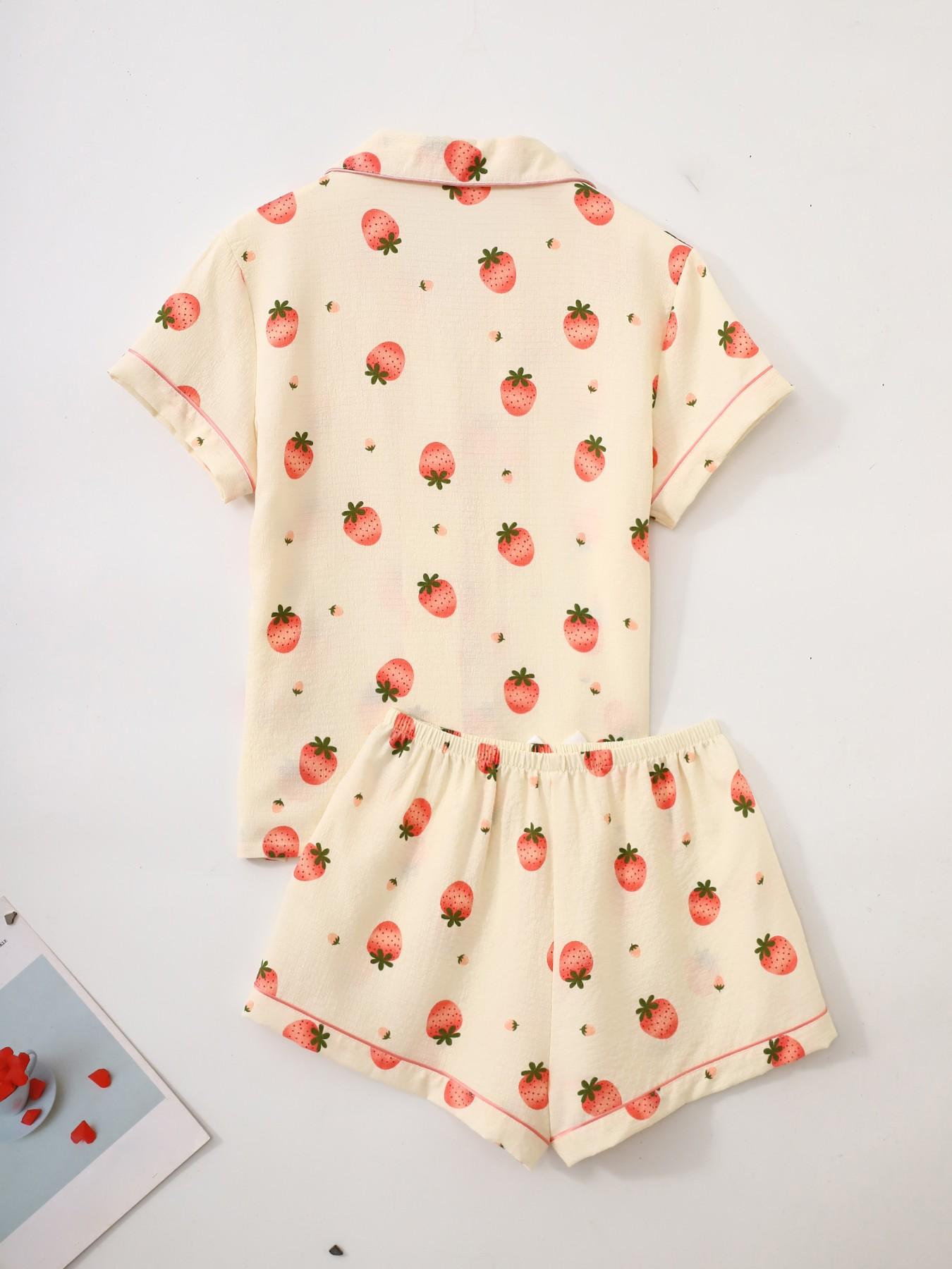 Women's Short Sleeve Button Down Top and Shorts Pajama Set, Spring Summer Wear, For Cute Sweet Girls, Cream Base Pink Strawberry Print, Classic Lapel Collar, Loose Vitality Fit, Comfortable For Home & Gatherings