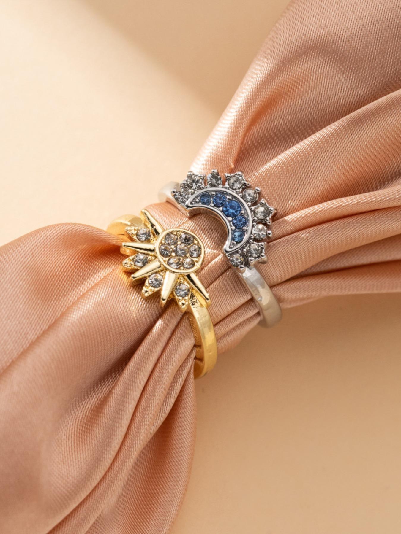 Sun Moon Couple Rings, Blue Celestial Design, Simple Rhinestone Wedding Band, Perfect Gift for Girlfriend & Best Friend
