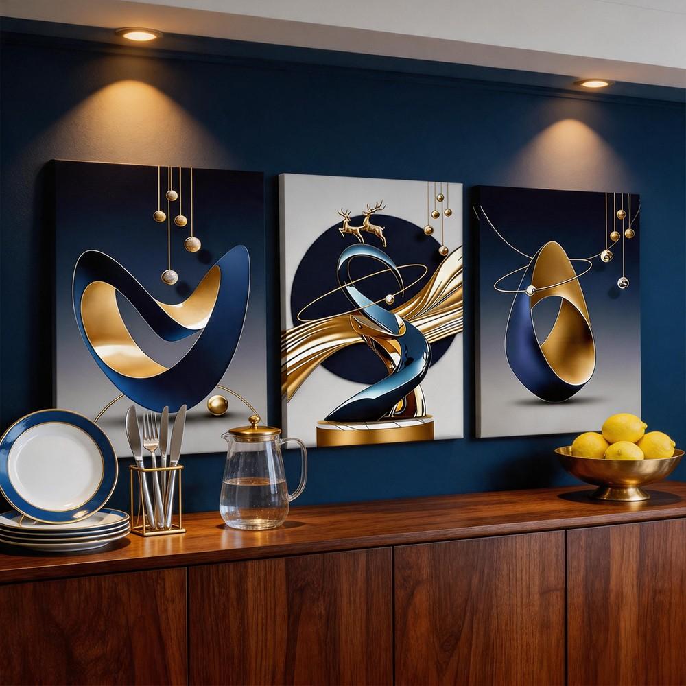 3-Panel Framed Canvas Wall Art, Navy Blue & Gold Abstract Geometry Deer Canvas Print, 3D Texture Golden Elk Wall Decor, Luxury Minimalist Art For Living Room Entryway