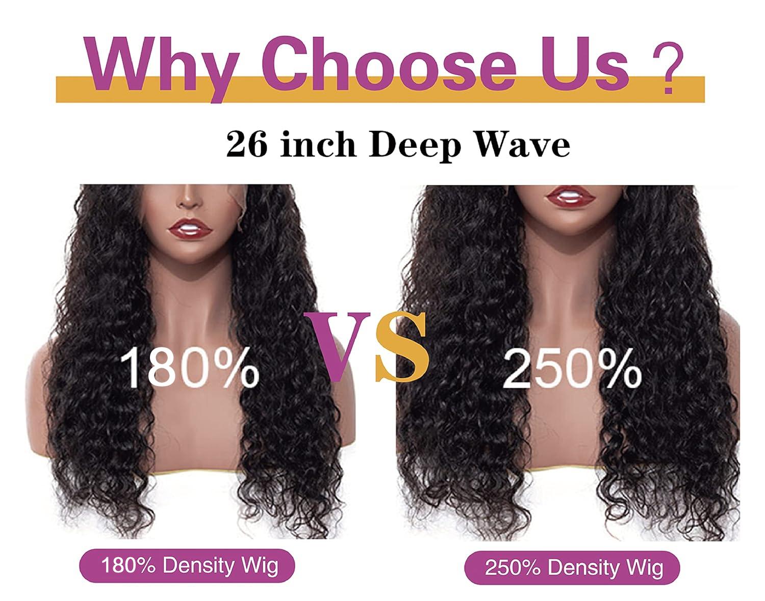 New Upgrad 250% Density Deep Wave 13x6 HD Glueless Lace Front Human Hair Wig with Drawstring Brazilian Curly Wigs Human Hair For Women Pre Plucked Wet and Wavy Lace Frontal Wig 250% Density