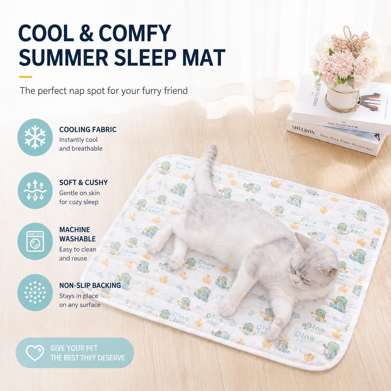 Summer Cooling Mat for Dogs & Cats, Soft Ice Silk Pet Pad, Non-Slip and Washable, Portable Cooling Bed for Home and Travel, Latex Cooling Pad