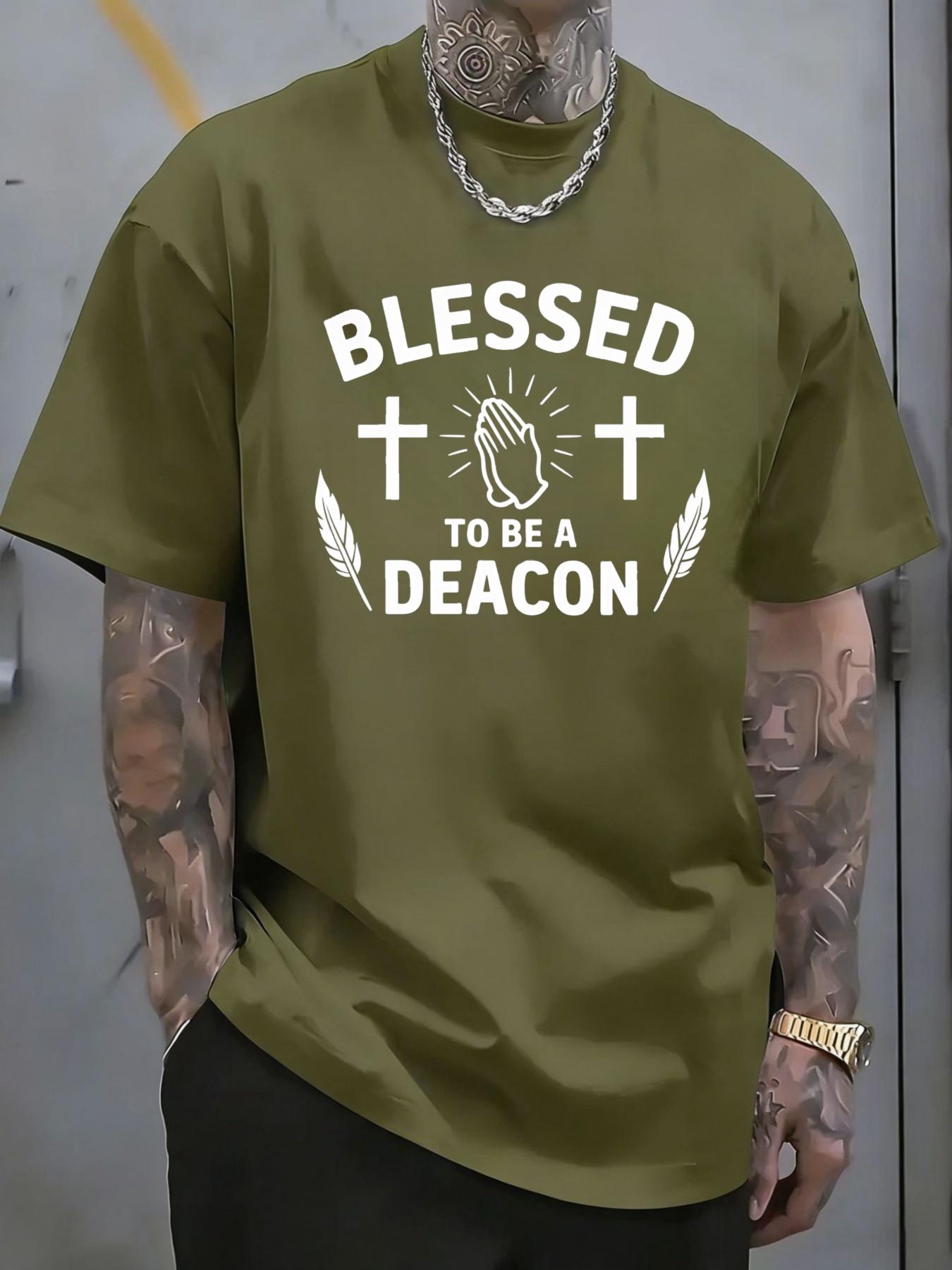 Men's T-shirt with printed cross and feather patterns for prayer, featuring the text "BLESSED TO BE A DEACON", designed for daily wear in church and religious activities