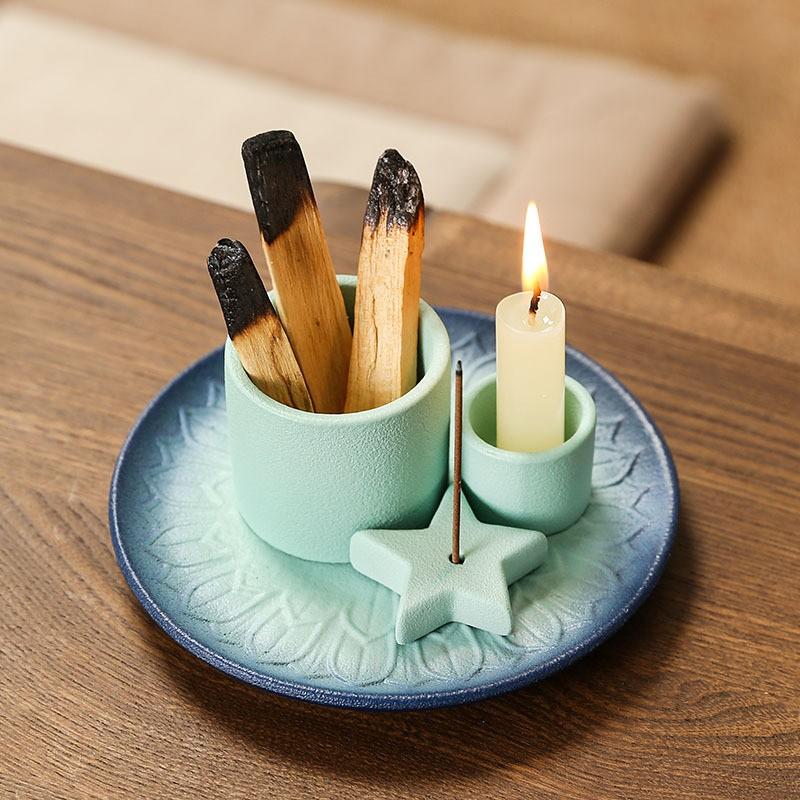 Morandi Color Ceramic Candle Holder, Nordic Style Home Atmosphere Decor, Mint Reed Diffuser, Solid Wood Tray, Home Ornament