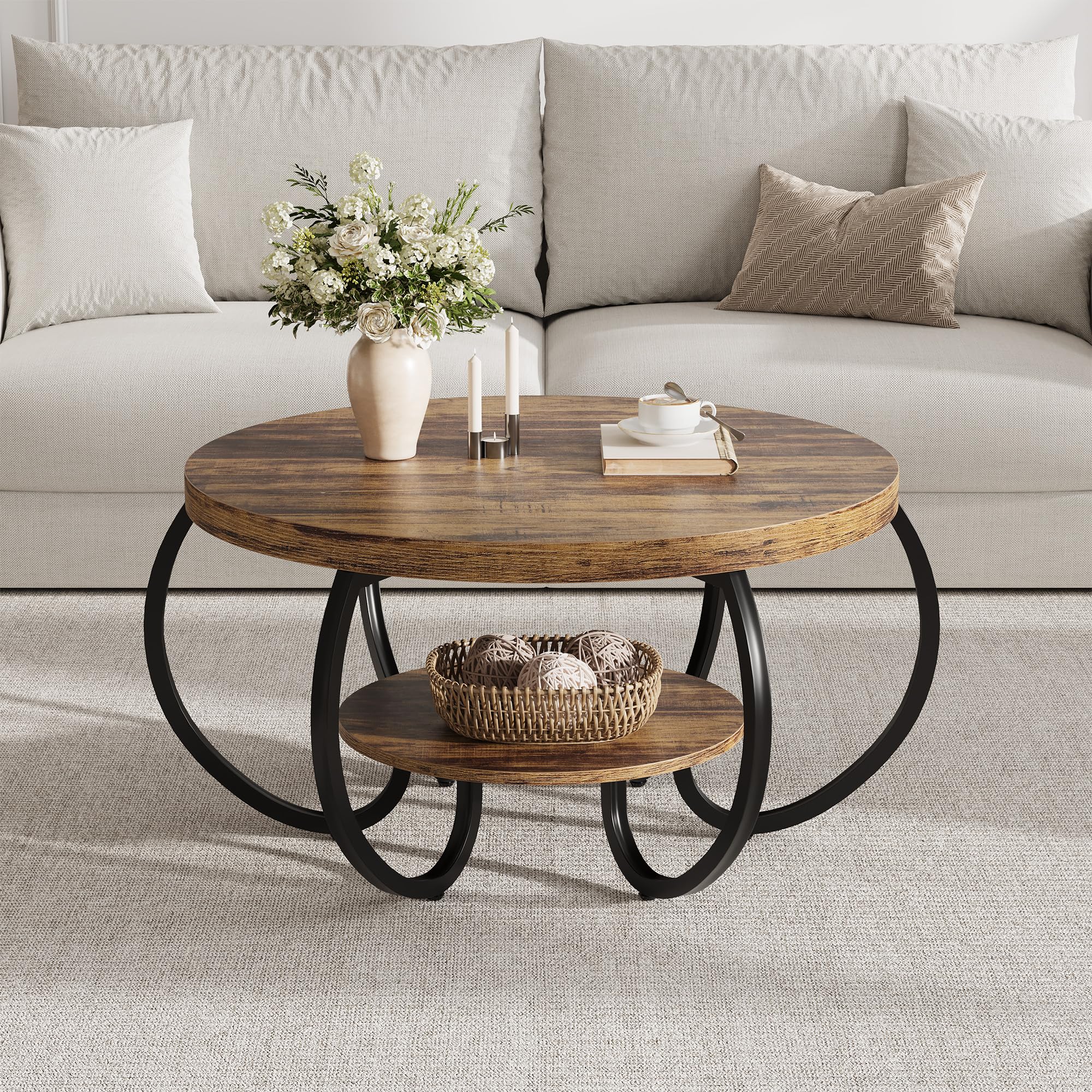 30 Inch Round Farmhouse Coffee Table with Storage Shelf, 2 Tier Rustic Wood Center Table with Curved Metal Legs, Compact Living Room Furniture for Small Spaces Apartments Office