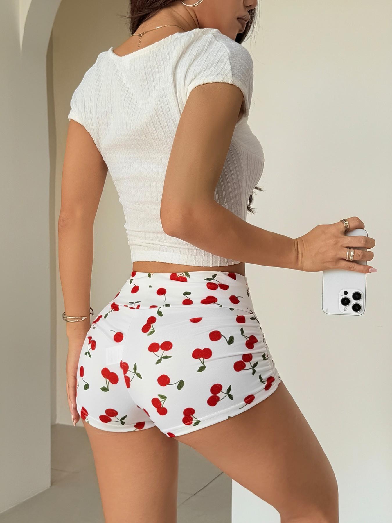 Women's Summer Casual Cherry Print Pleated Slim Fit Shorts, Comfortable and Stylish Short Pants for Daily Wear, Perfect for Warm Weather