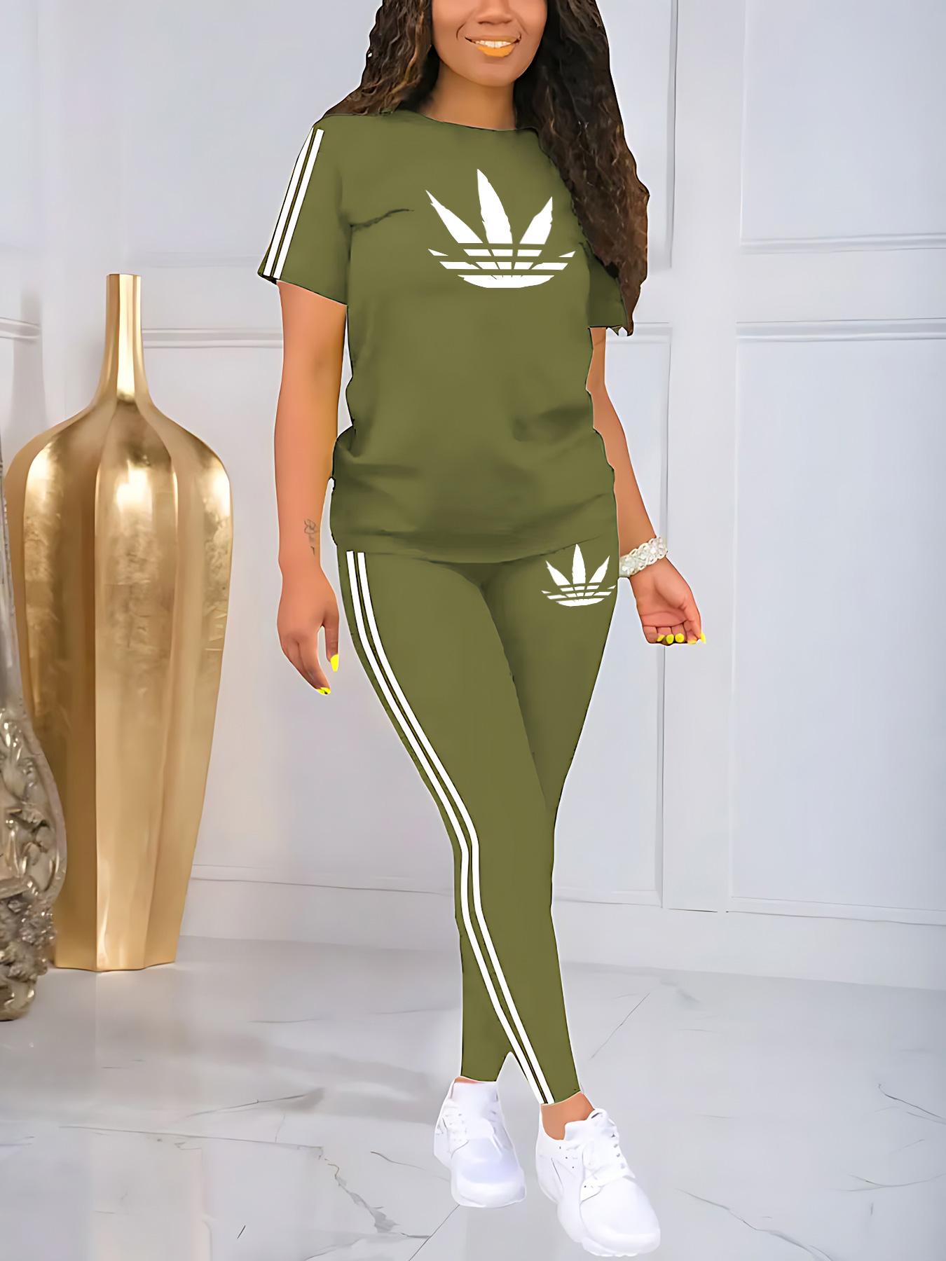 Women's Printed Casual Sporty Round Neck Drawstring Short Sleeve and Long Pants Two-Piece Set, Fitted Letter Pattern, Summer, Athleisure Wear Set