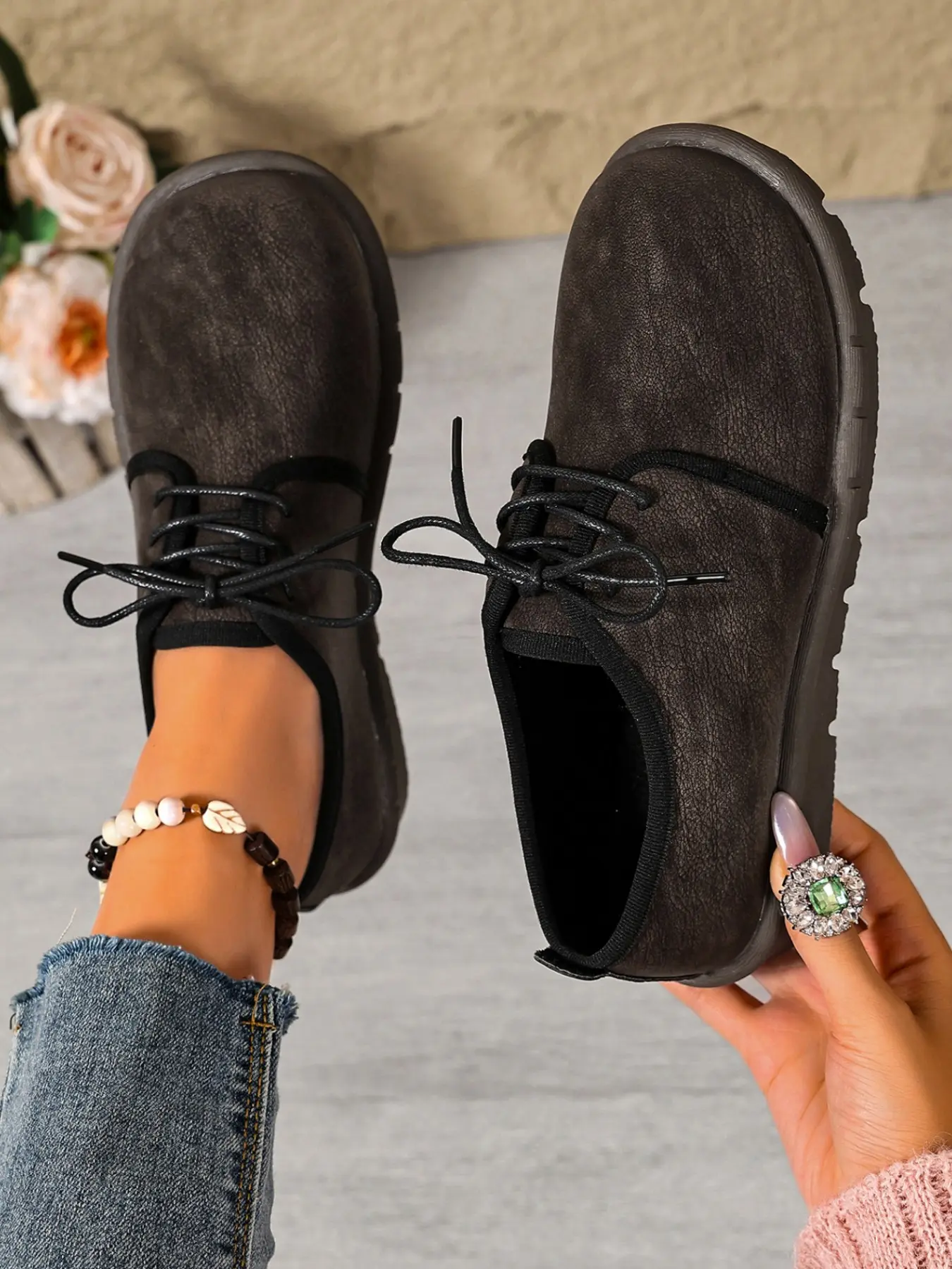 Vintage Round Toe Lace-Up Birkenstock Shoes for Women, Fuzzy Flat Sandals, Casual Commuter Soft Sole Warm Small Single Shoe
