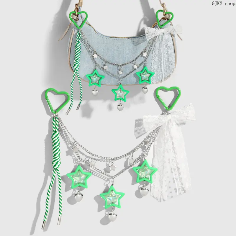 Y2K Cute Bag Chain Charm, Sweet Lace Bow Star Heart Pendant Waist Chain, Aesthetic Layered Metal Chain Carabiner Keychain for Backpack Decor