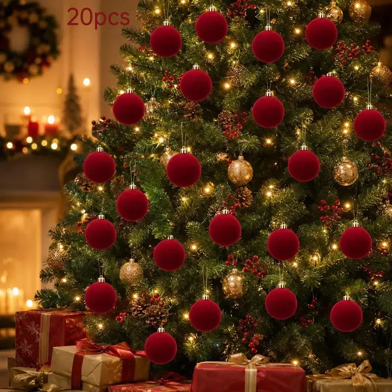 20pcs Wine Velvet Christmas Balls, Durable Plastic Tree Ornaments, Perfect for Halloween, Thanksgiving, Birthday, Wedding Decorations