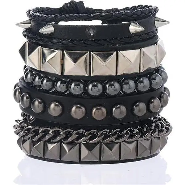 4Pcs Punk Rivet Spike Studded Bracelet Set Multi-layer Gothic Rock PU Leather Cuff Wristband Bracelets for Men Women Stackable Retro Emo Cuff Bracelets Halloween XMAS Accessories Cuff Bangle Jewelry