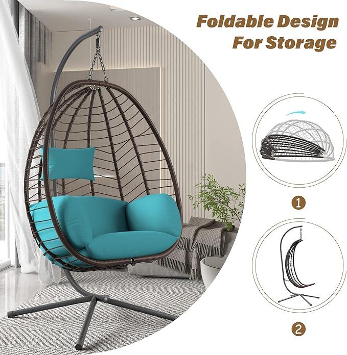 Egg Swing Chair Outdoor Indoor Wicker Rattan Hanging Chair with Stand 350lbs Capacity w/Strong Frame & Cushions for Patio Balcony Bedroom Egg Swing Chair Outdoor Indoor Wicker Rattan Hanging Chair with Stand 350lbs Capacity w/Strong Frame & Cushions for Patio Balcony Bedroom