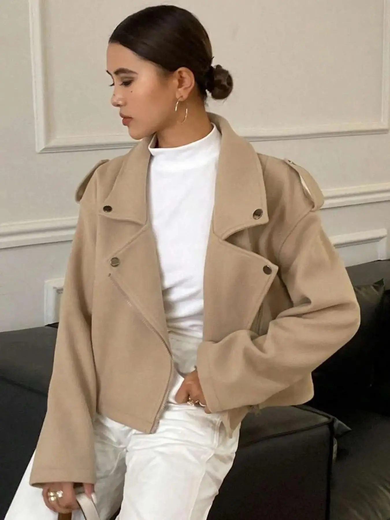 Spring & Fall Plain Color Lapel Casual Fleece Zipper Design Jacket, Minimalist Slim-Fitting Outerwear, Non-Placket Top Without Zipper