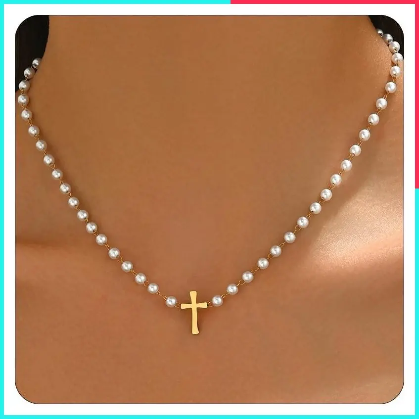18K Gold Plated Cross Pendant Necklace for Women Dainty Sideways Cross Choker Simple Small Cross Pearl Chain Trendy Faith Jewelry Gift