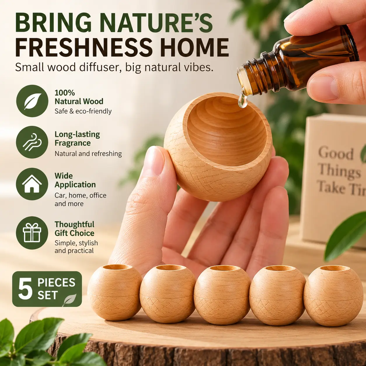 Natural Wood Scented Multi-Purpose Fragrance Diffuser Pack - 5-Piece Home Fragrance Decor for Cars, Offices, Bedrooms