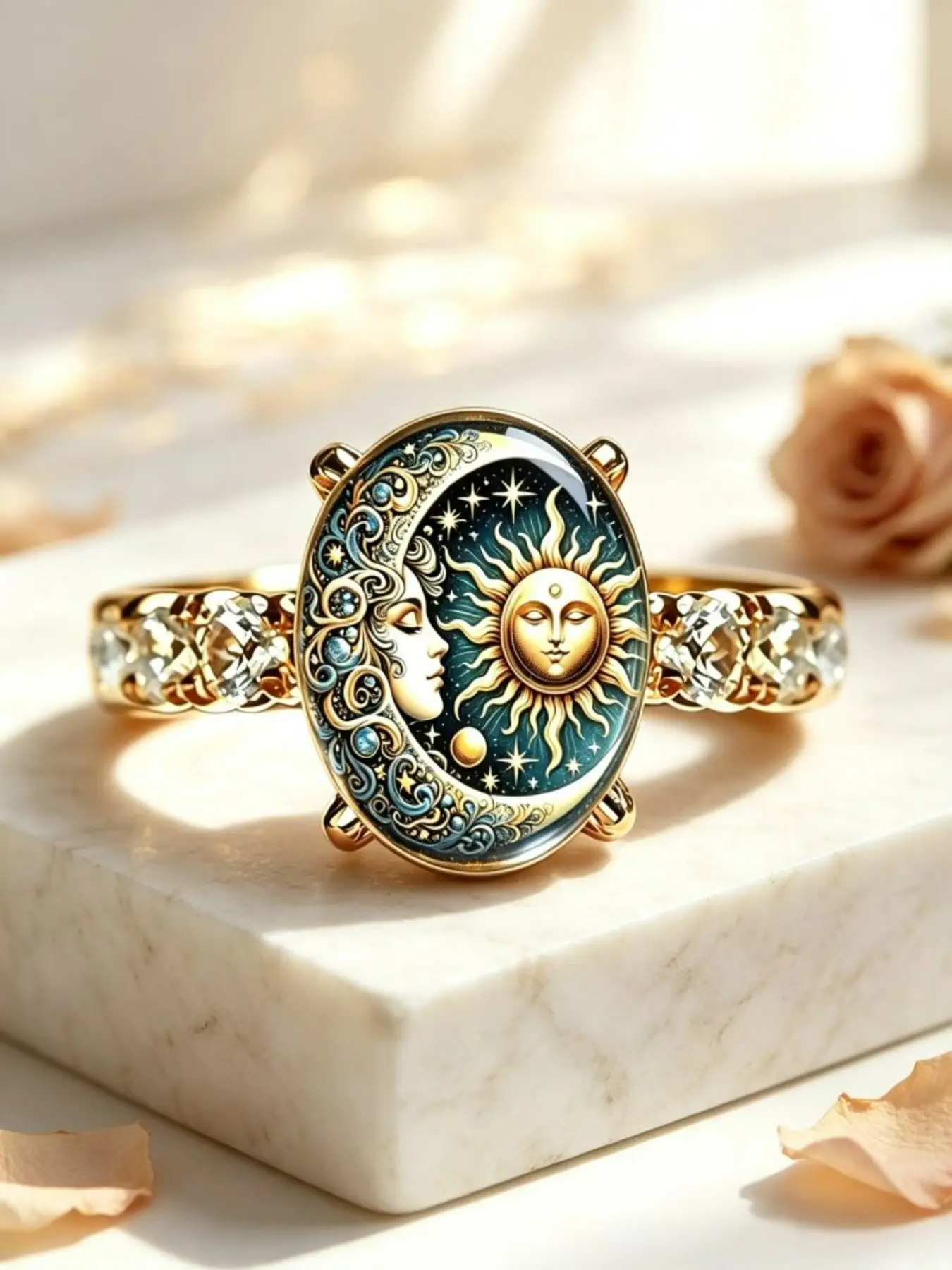 Sun & Moon Goddess Statement Ring, Side Inlaid Imitation Crystal Women Band, Vintage Cosmic Astrology Design Jewelry, Perfect Gift for Birthday & Valentine’s Day