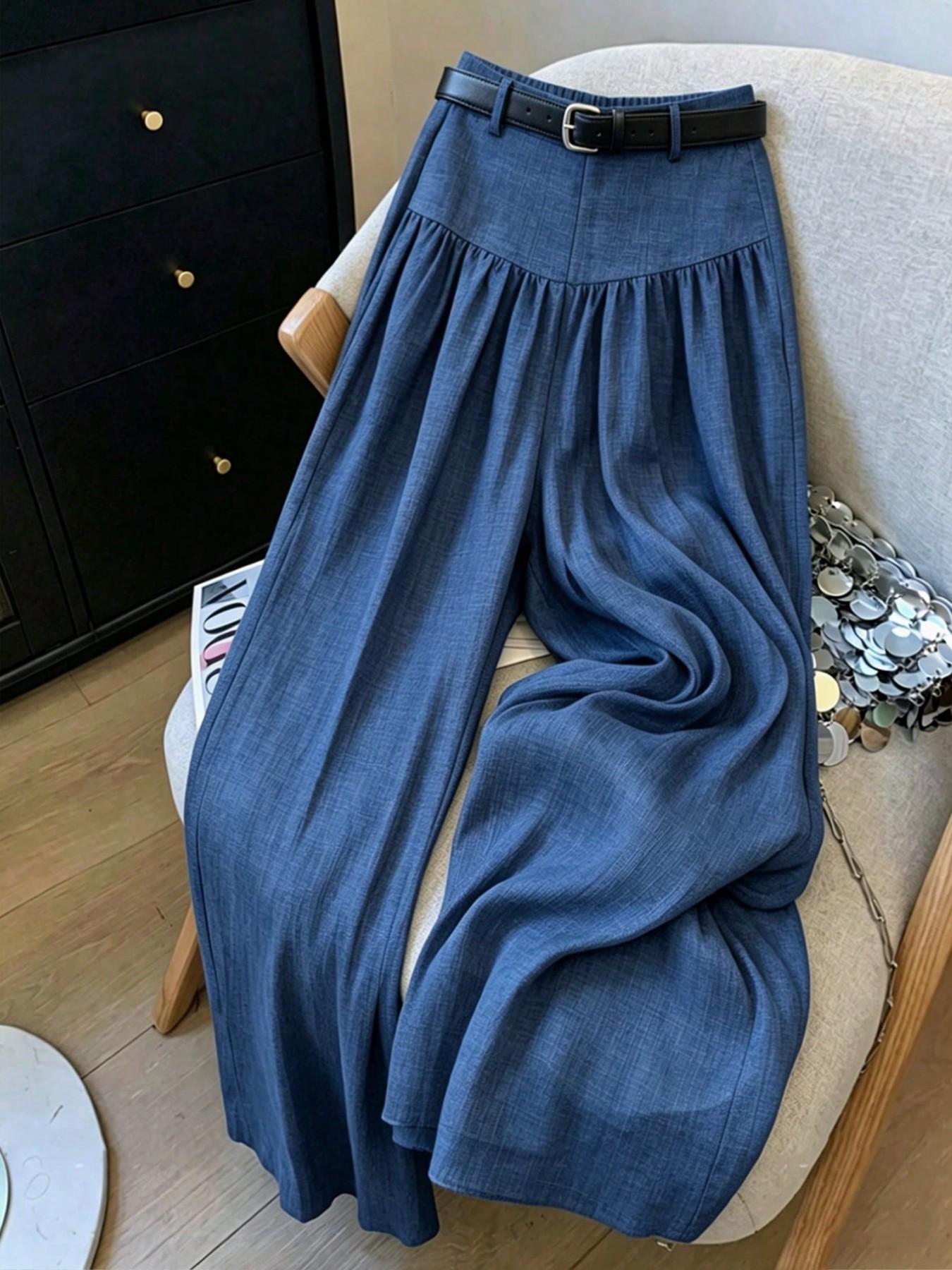 High-Waisted Pleated Denim Wide Leg Pants for Women, Includes Belt, Lightweight Casual Suit Pants, Trendy and Comfortable, Bottoms