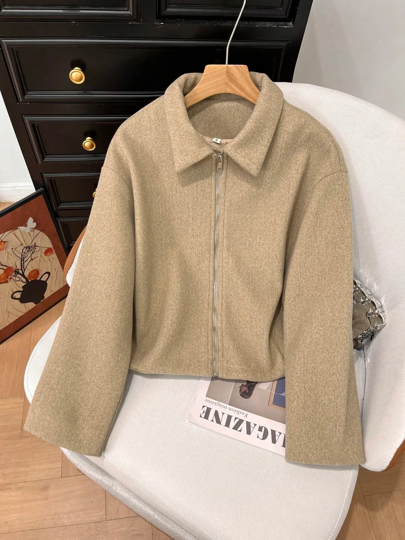 Women's Elegant Short Jacket, Roll Collar Zipper Loose Long Sleeve, Spring & Fall Business Outerwear, Medium Length, Plain Surface, Coats