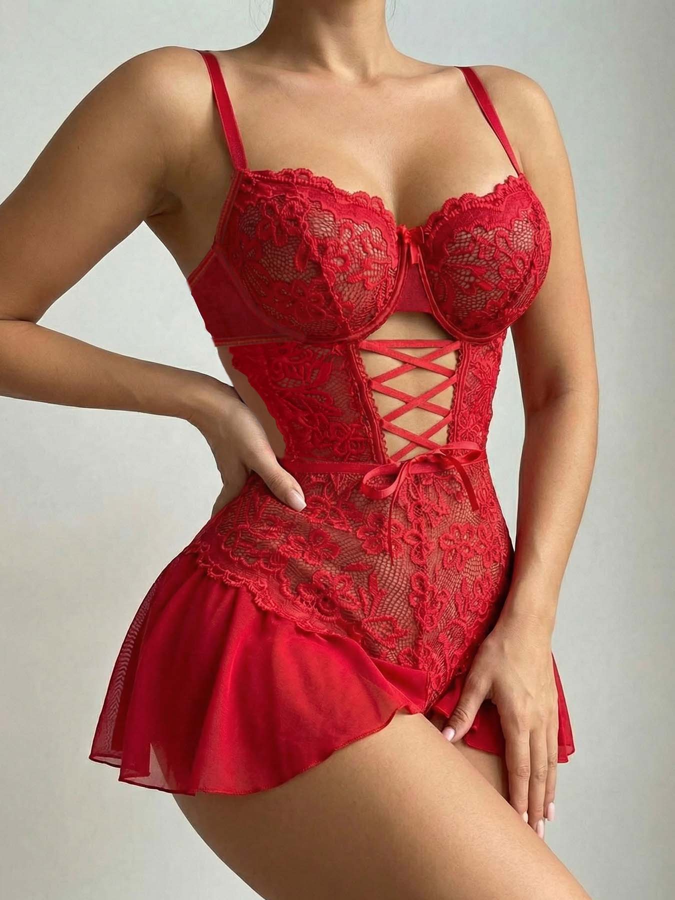 Women's Elegant Burgundy Floral Lace Romper, Cross Back Mesh Pajama, Slim-Fit Sleepwear for All Seasons, Daily Home Wear, Lingerie Lace Nightwear