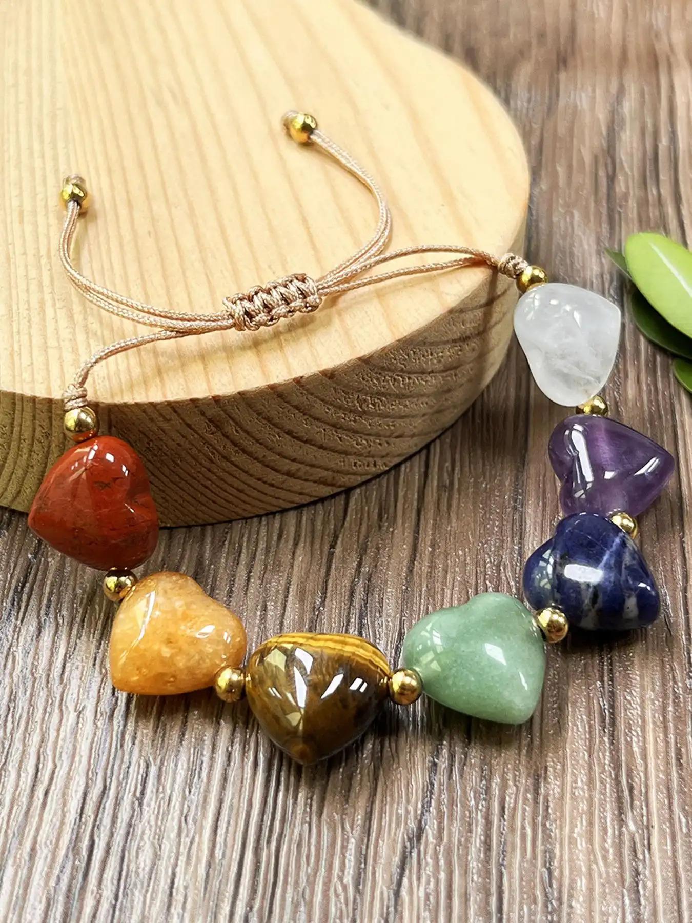 Bohemian Casual Seven-Color Heart Stone Beaded Adjustable Bracelet, Vintage Unisex Yoga Bracelet for Daily Wear