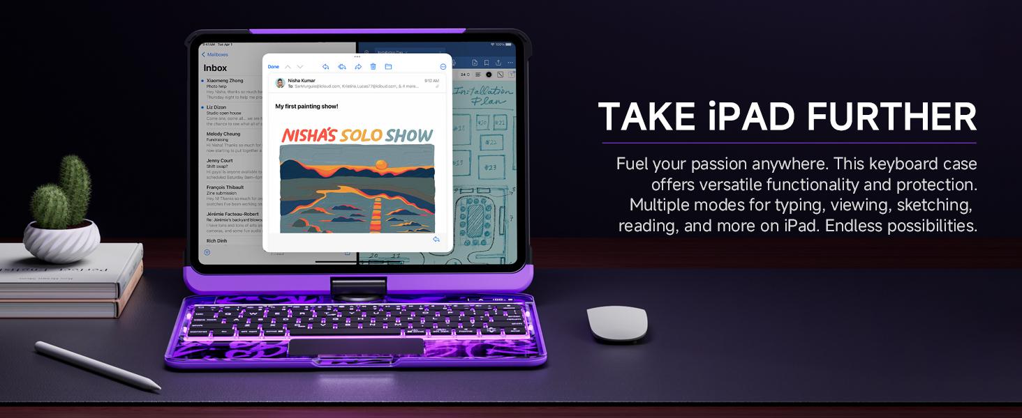 Y2K Dopamine Purple iPad Case With Keyboard- 360° Rotating Multi-Touch Trackpad, RGB Backlit Keyboard, Transparent Back, Pencil Holder, Type-C Charging