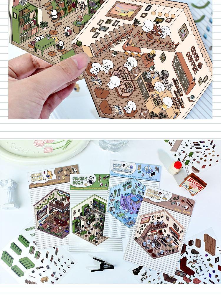 3D DIY Miniature Sticker Kit: 4 Enchanting Scenes (Pink Cottage, Penguin Ice Cream & More) + Free Tweezers | ASMR Crafting, Phone Case Decor, Creative Adult Home Gift