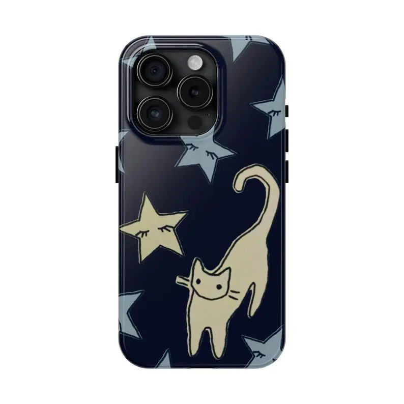 Shockproof Hand-Drawn Cartoon Cat & Stars Celestial Dreams iPhone Case - Dual-Layer Polycarbonate Casing, Wireless Compatible, Camera Protection, Smartphone-Cellphone Accessory for iPhone 2,3,4,5,6,7 Pro Max
