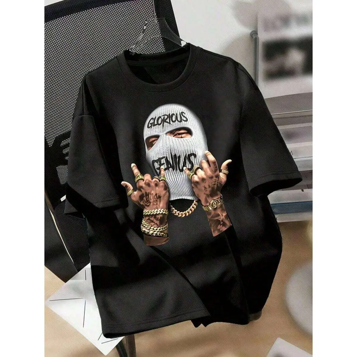 Fashion Masked Person Print Round Neck Short Sleeve T-Shirt