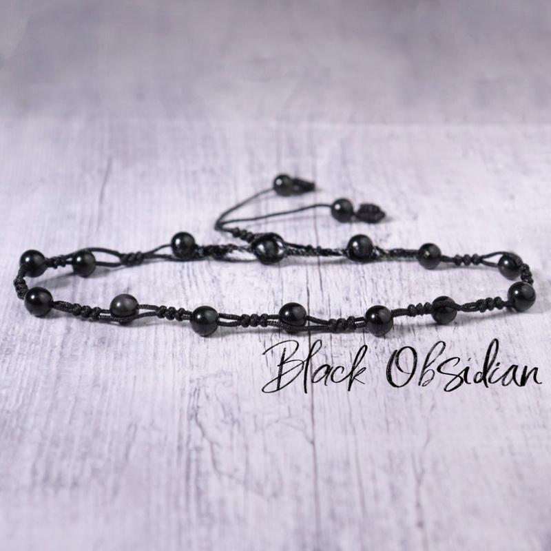 [Minimalist Obsidian Anklet] Black Obsidian Anklet - Minimalist Beaded Natural Stone Woven Ankle Bracelet