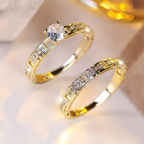 2-Piece Set Shiny  Hollow Design Couple Rings for Men & Women - Elegant Luxury Wedding Jewelry Set, Classic Timeless Design