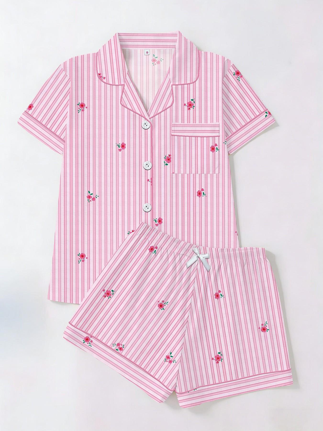 Women's Short Sleeve Button Down Top and Shorts Pajama Set, Spring Summer Wear, For Retro Sweet Girls, Pink White Stripe With Floral Print, Classic Lapel Collar With Contrast Pink Piping, Loose Fit, Comfortable For Home & Short Trips