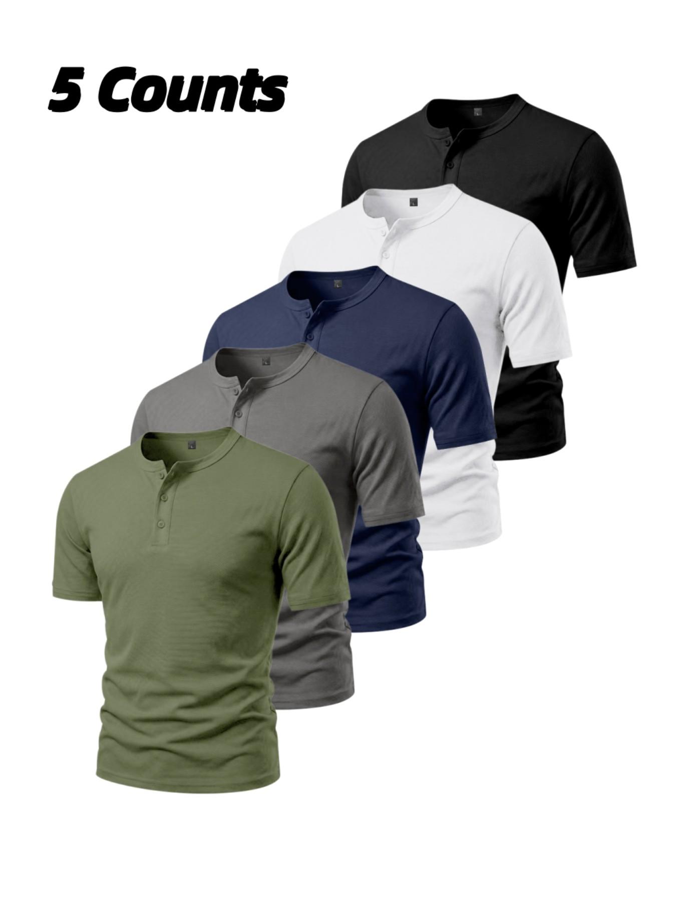 Men's 5-Pack Three-Button Mesh Short Sleeve Henley T-Shirts, Athletic Apparel, Summer Breathable Solid Color Casual Sports Tops, Comfortable Basic Top, Fitness T Shirt