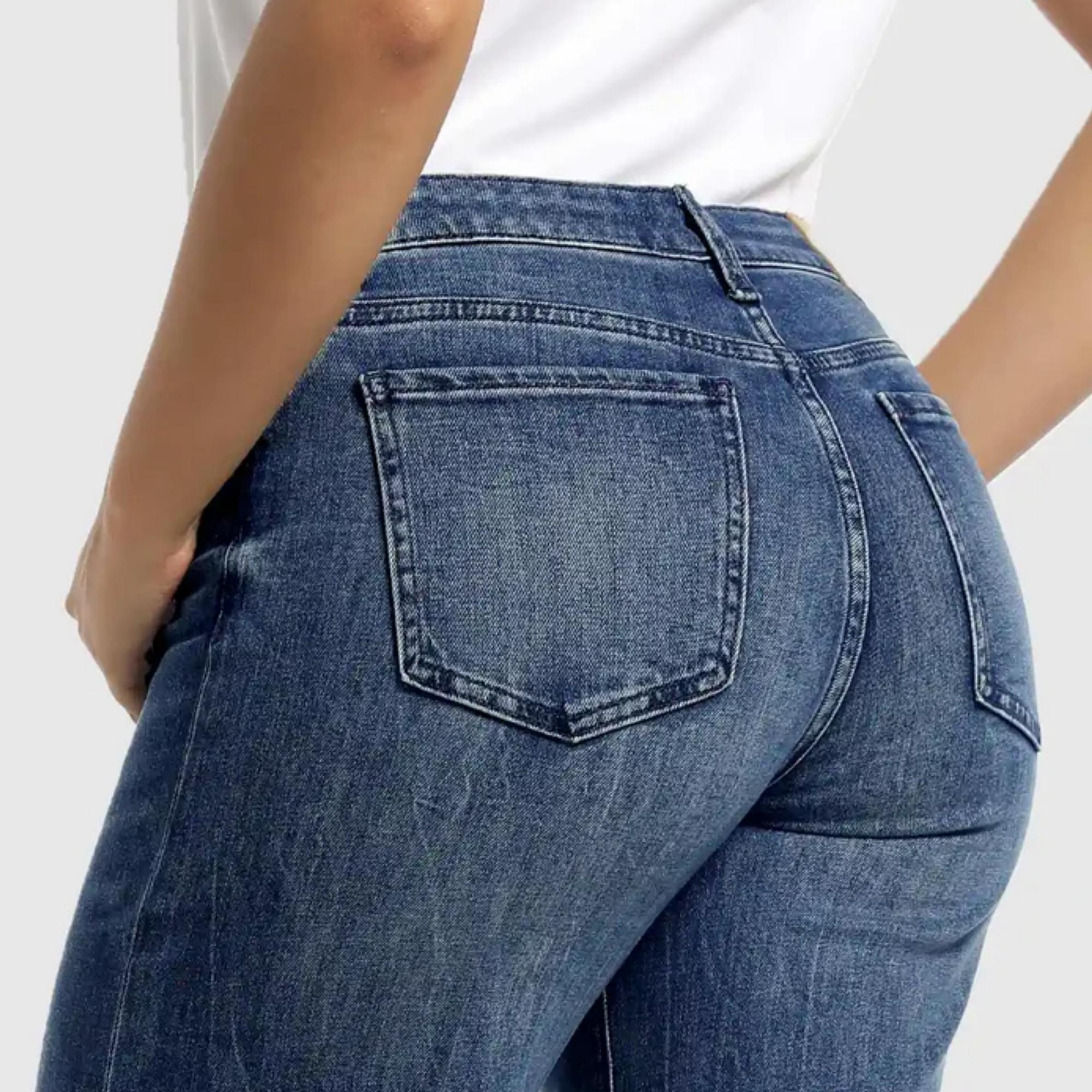 Women's Baggy Mid Stretch Mid Rise Split Leg Wide Leg Genuwii Jeans with Pocket Design, Blue Fitted Denim, Comfortable Basic Style for Casual Outfits - No More Awkward Gaps, Streetwear, Womenswear, Flared Pants, Outdoor Cute Jeans, Spandex Trouser