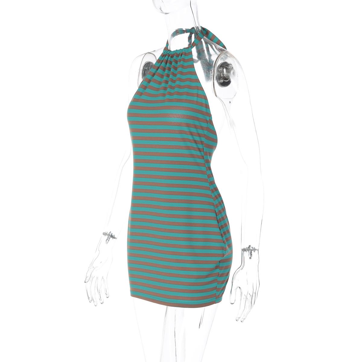 Women Summer Halter Sleeve Backless Striped Beach Vacation Party Bodycon Mini Dress Casual Comfy Chic