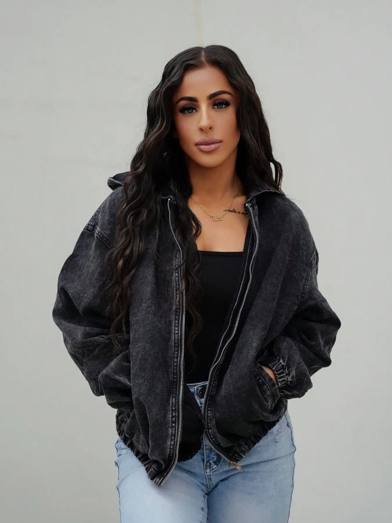 Women's Hooded Denim Jacket, Acid Wash Vintage Style, Loose Fit Drop Shoulder, Windproof Elastic Hem, Fall Winter Casual Streetwear