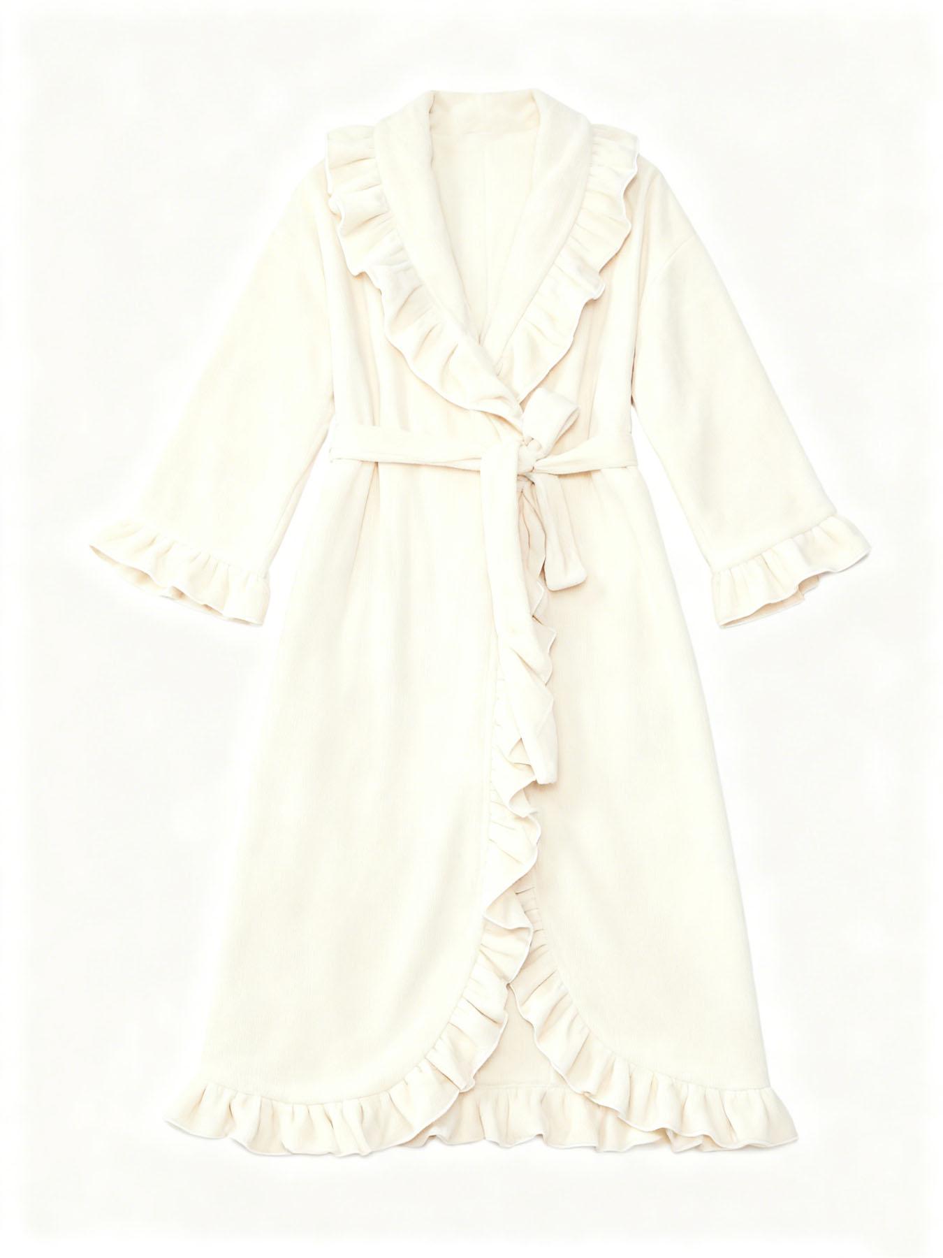 Fall & Winter Fitted Flannel Long-Sleeved Womenswear Robe with Ruffle Hem, Cozy Warmth, Elegant Chic Style and Elegance, Thick and Soft Layered Loungewear Bathrobe Nightwear