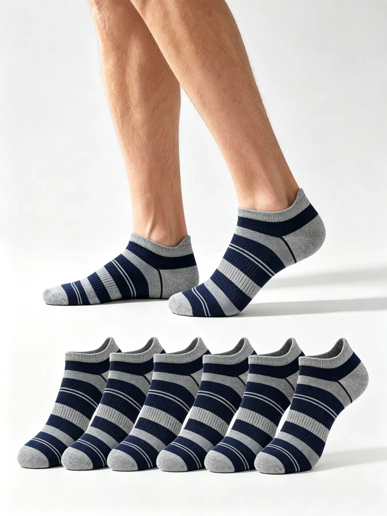 6 Pairs Men Striped No‑Show Ankle Socks, Reinforced Toe Heel Flat Seam Low Cut Socks, Breathable Non‑Slip Athletic Socks for Running Daily Wear