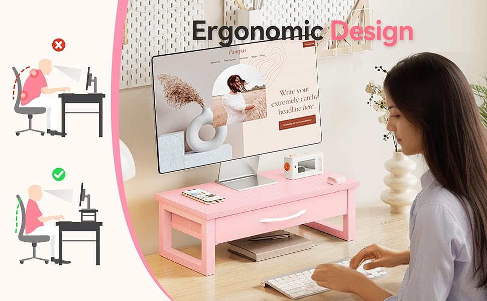 Desk Organizers and Accessories, Computer Monitor Stand Riser with Fabric Drawer, 2-Tier Laptop Stand for Desk, Office Organization Accessories, Pink