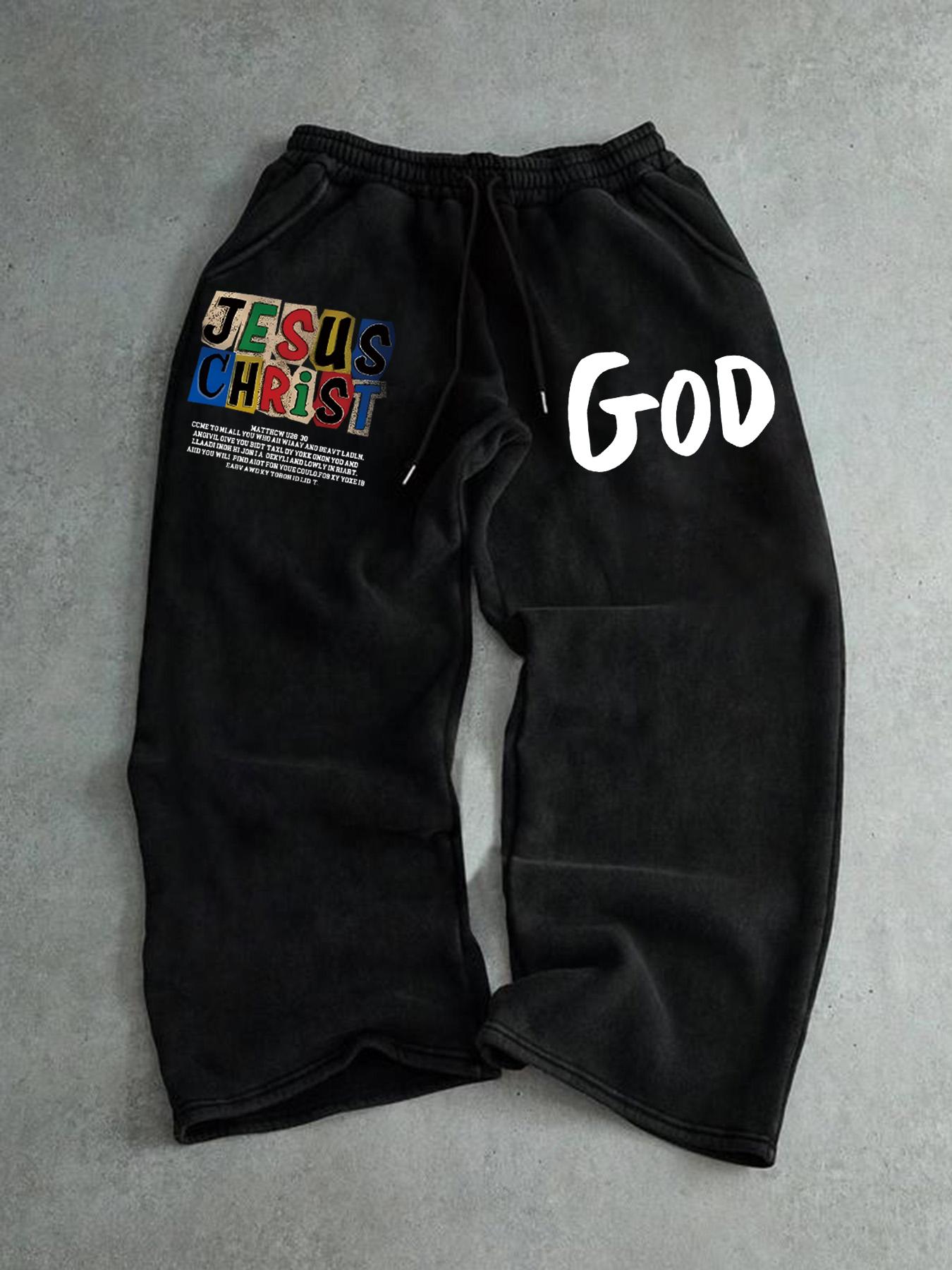 Men's Straight Leg Long Pants with Jesus Print, Casual Fashion, Comfortable Fit, Perfect for Daily Wear, Stylish Men's Clothing