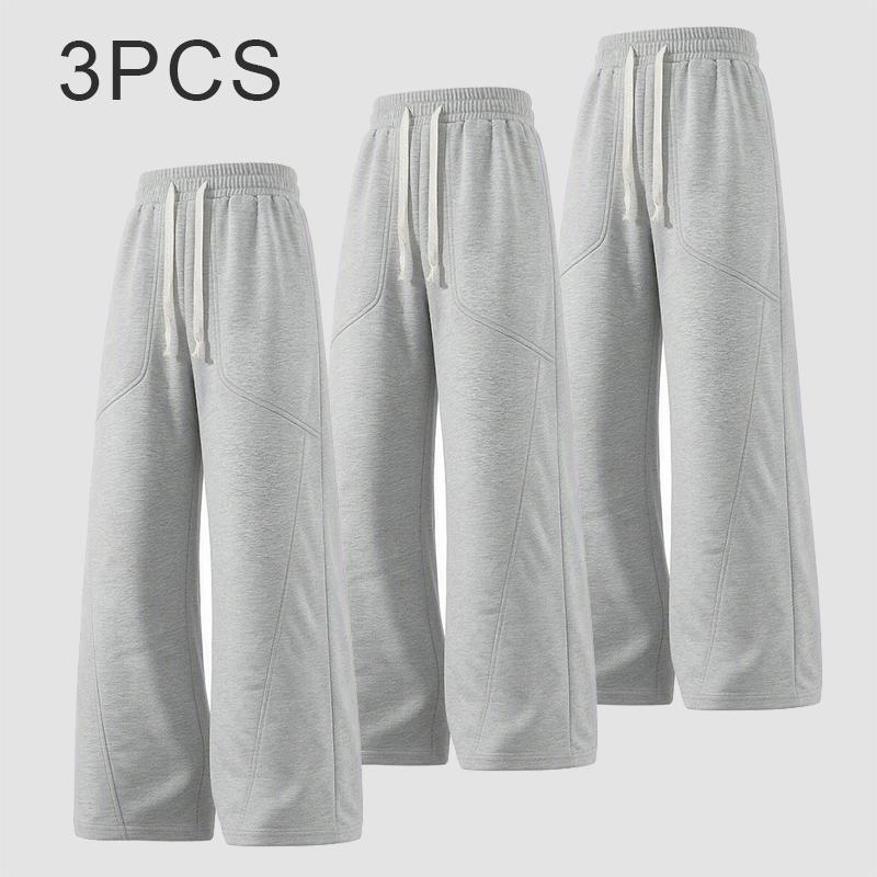Men’s 3-pack solid-color striped casual sweatpants for spring and autumn—trendy, comfortable wide-leg pants; loose, practical basic straight-leg trousers; versatile long pants for daily commuting, going out, street wear, and home use.