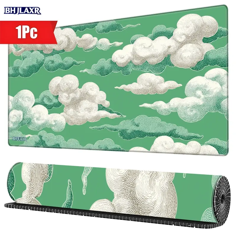Whimsical Swirling White Green Clouds Pattern Gaming Mouse Pad with Stitched Edges, Non - Slip Rubber Base, 15.7x35.4inch, Perfect for Game & Office Use, Ideal Gift for Home Decoration Enthusiasts