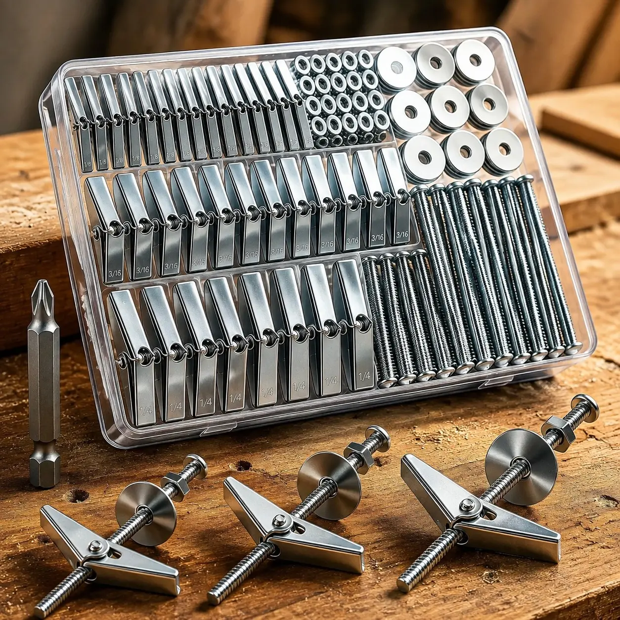 100Pcs Toggle Bolts Drywall Anchors Kit, 25 Sets 1/8" 3/16" 1/4" Heavy Duty Hollow Wall Anchors with Nuts, Washers and Drill Bit, for Hanging Shelves, Mirrors, TV Mounts, Artwork on Drywall