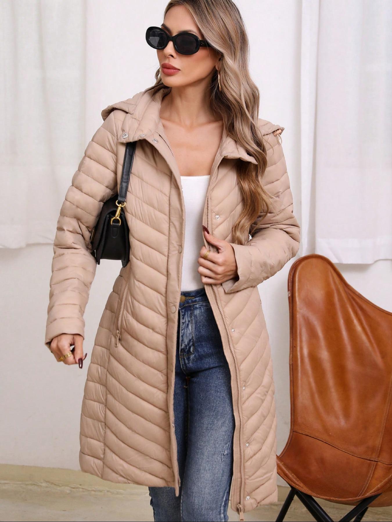 Women's Winter Mid-Length Hooded Casual Cotton Jacket, Simple Style Commuter Lightweight Outerwear for Fall & Winter, Fitted Plain Design