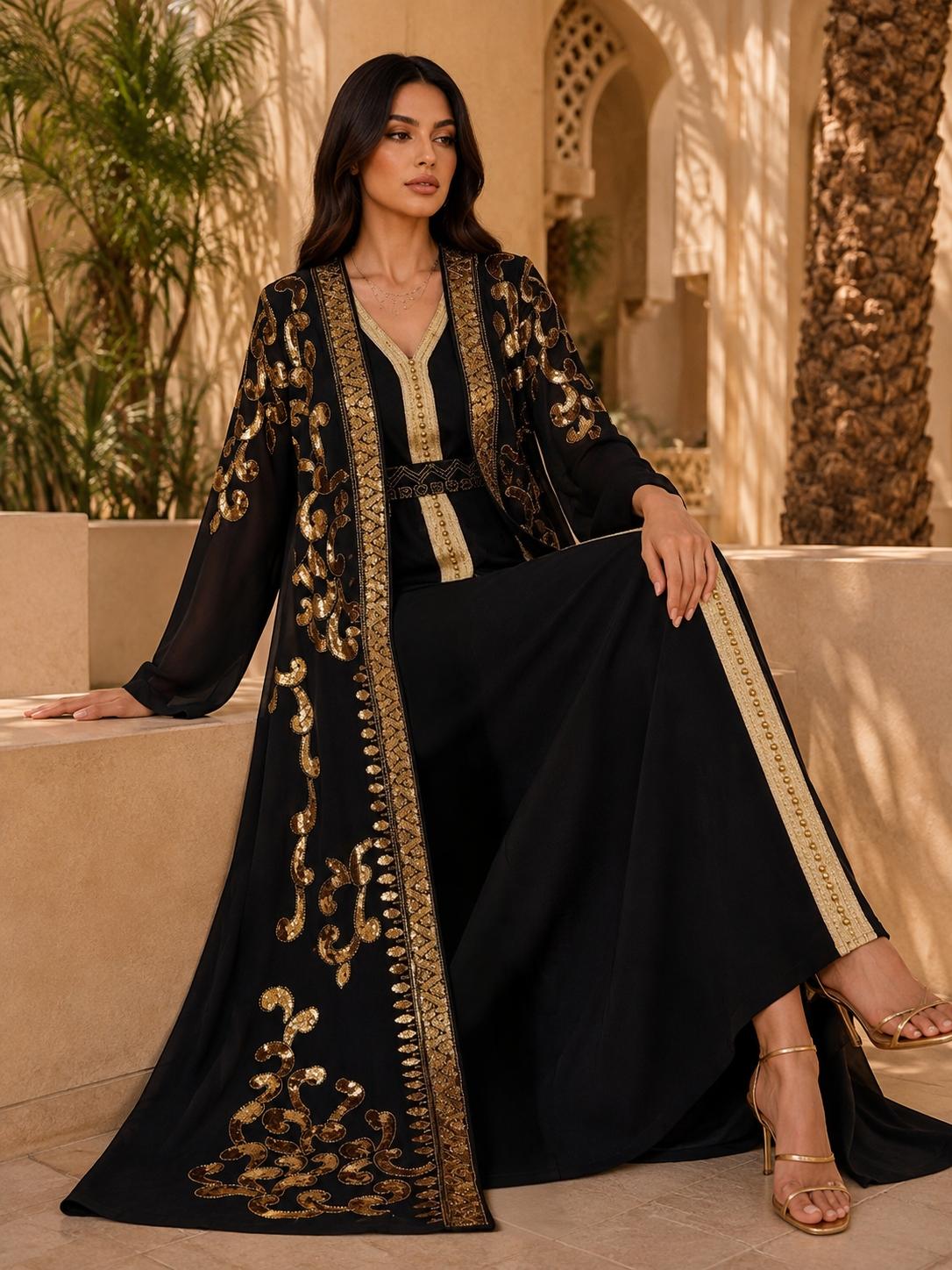 Gold Embroidered Two-Piece Dubai Muslim Robe, Elegant Islamic Clothing, Heavy Sequin Open Front, Elegant Long Sleeve Maxi Dress for All Seasons