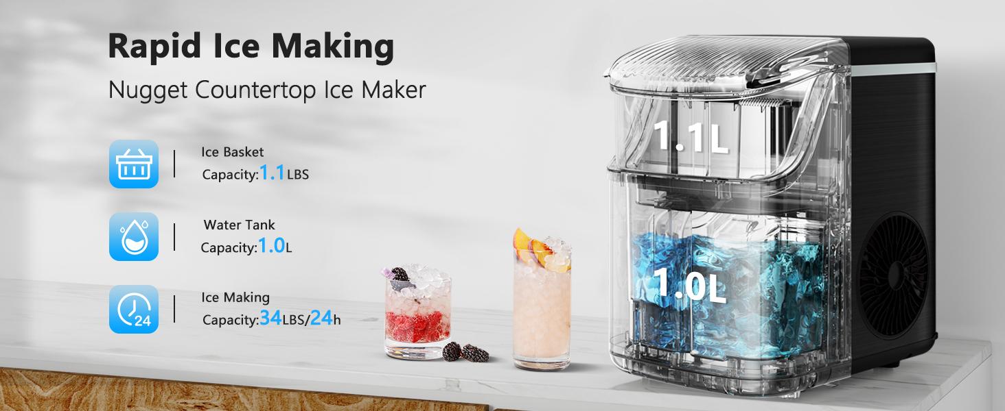 Electactic Nugget Countertop Ice Maker with Soft Chewable Pellet Ice, Pebble Portable Ice Machine, 34Lbs/Day, Self-Cleaning, Sonic Ice Maker, One Button Operation, for Kitchen,Office Stainless Steel Black Electactic Nugget Countertop Ice Maker with Soft Chewable Pellet Ice, Pebble Portable Ice Machine, 34Lbs/Day, Self-Cleaning, Sonic Ice Maker, One Button Operation, for Kitchen,Office Stainless Steel Black
