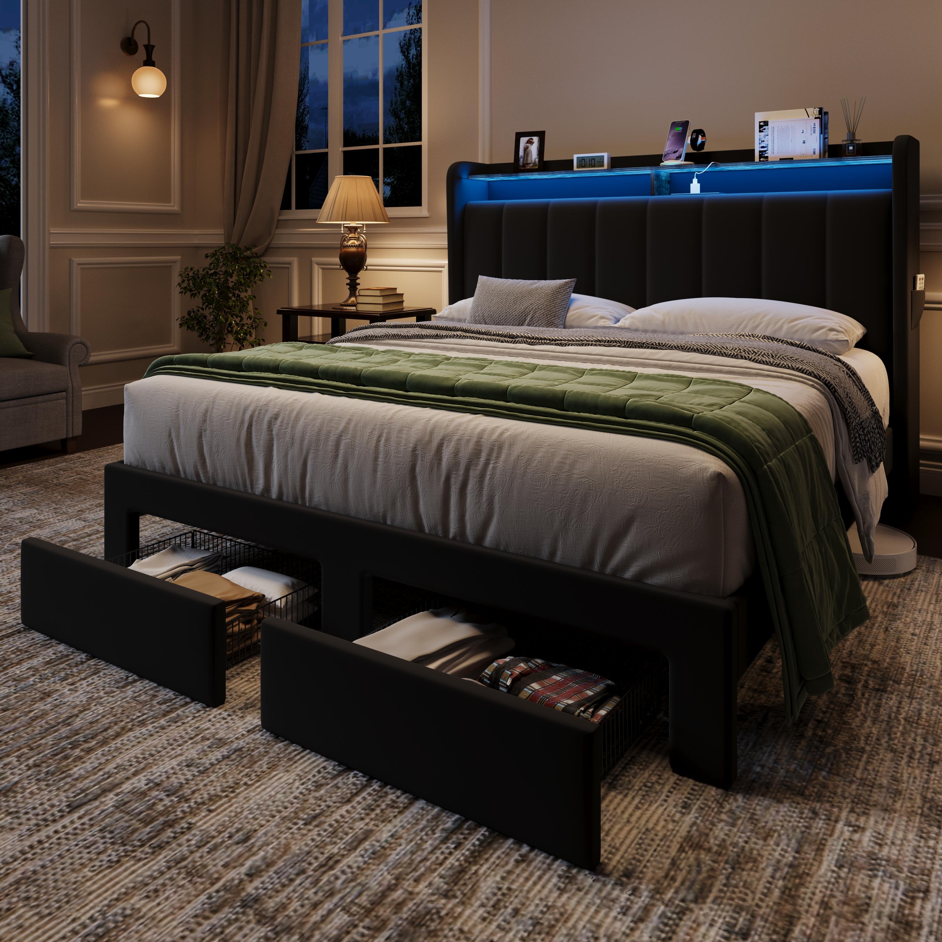 MUTICOR Upholstered Bed Frame with LED Shelf Headboard & 2 Drawers, Linen or Velvet Fabric, Smart Outlets,Full/King/Queen Bed Frame, No Box Spring Needed#TikTokShopBlackFriday #ChristmasGifts