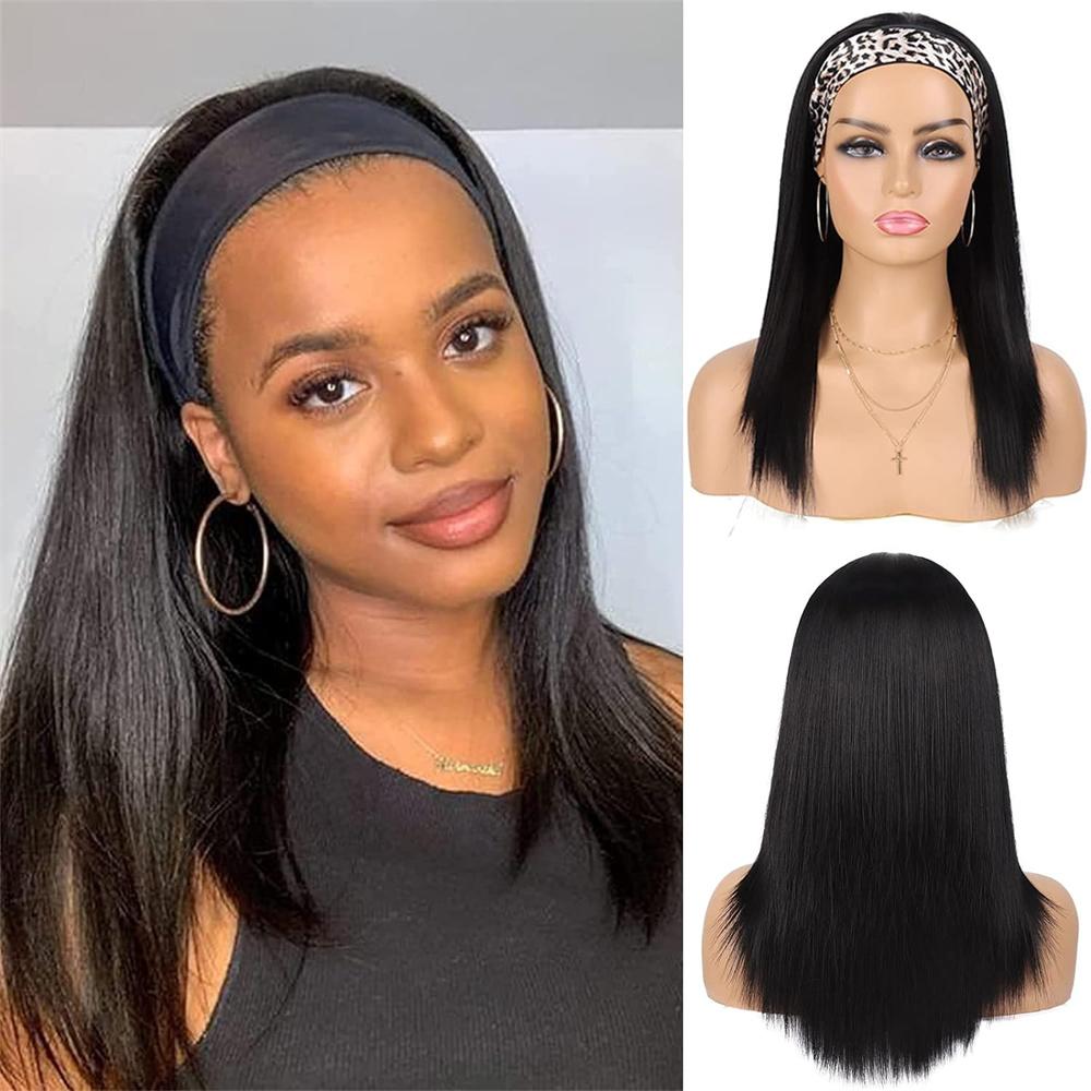 Bling Hair Straight Headband Human Hair Wig Black Heat Hair Women's Headband Wig Full Wigs Women For Daily Use 180 Density 14 to 26 Inches